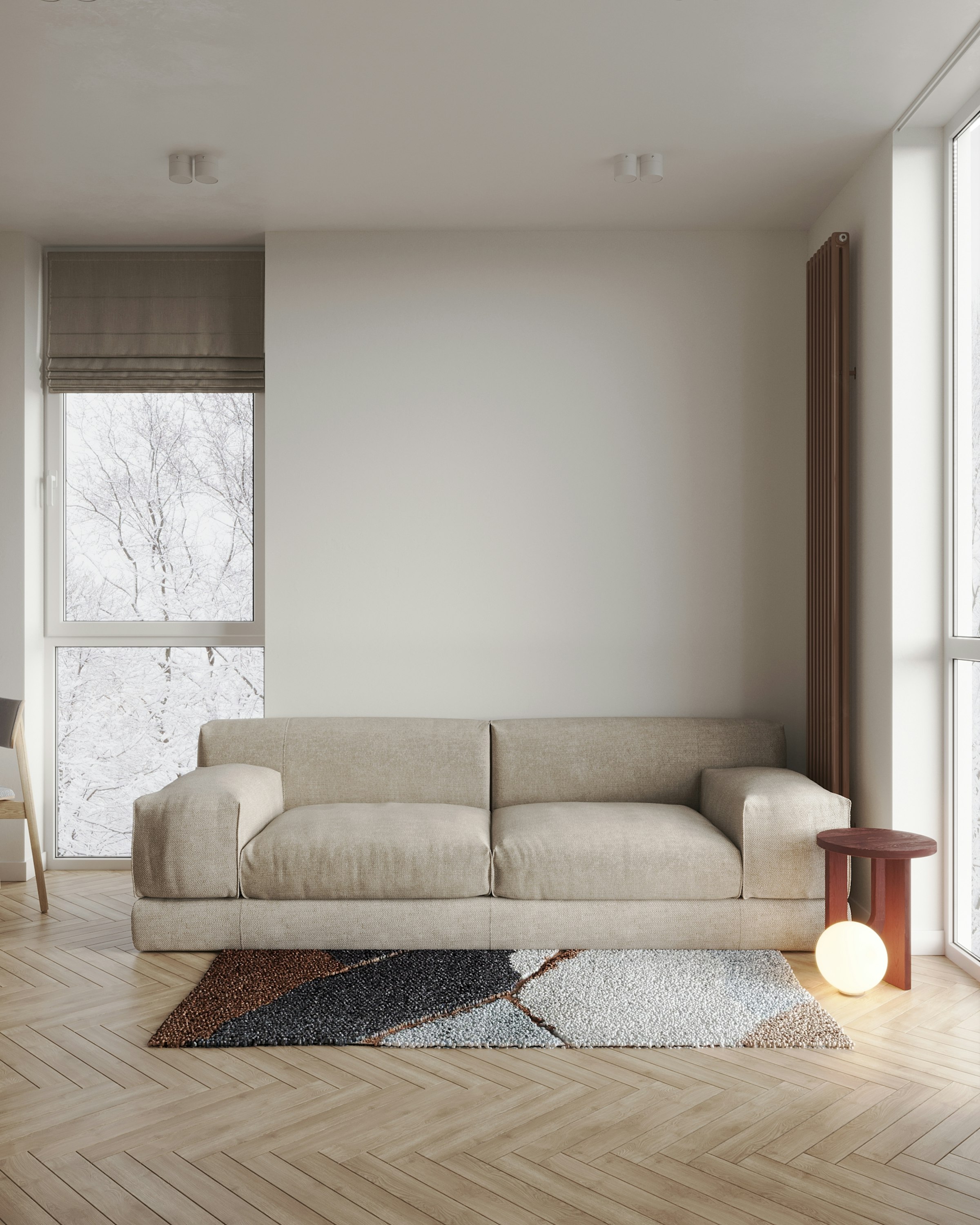 Warm, wood-toned living room interior